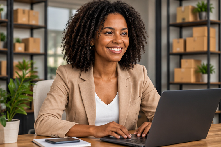 Empreendedora em ambiente de trabalho representando consórcio para empresas