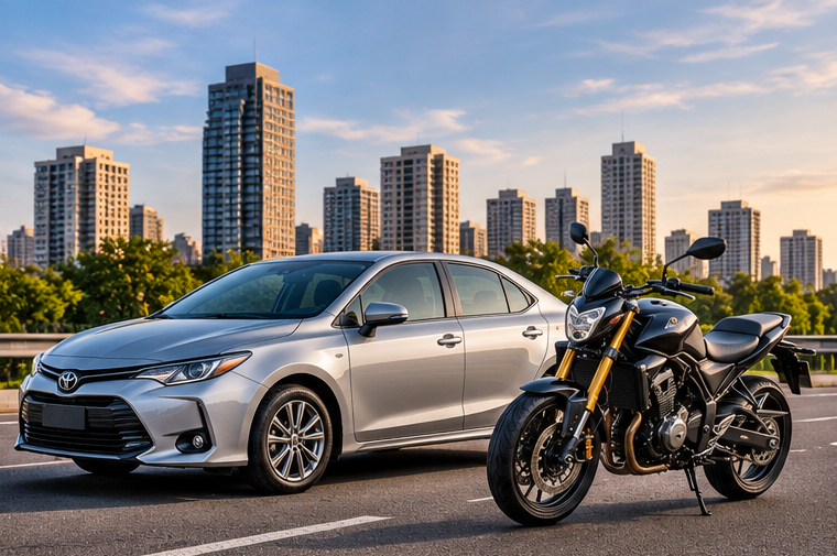 Carros e motos representando consórcio de veículos